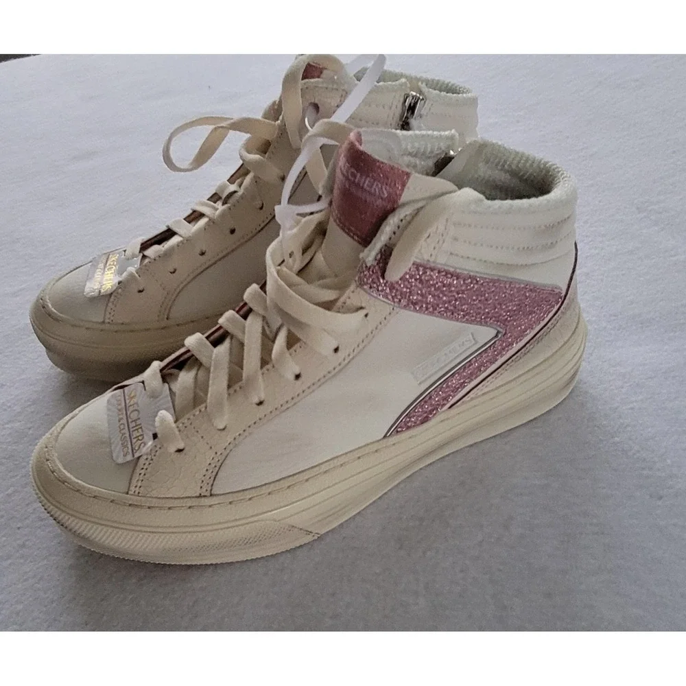 NEW SKECHERS COURT & CLASSIC SKX WHITE AND METALLIC PINK HIGH-TOP SNEAKERS Sz6.5